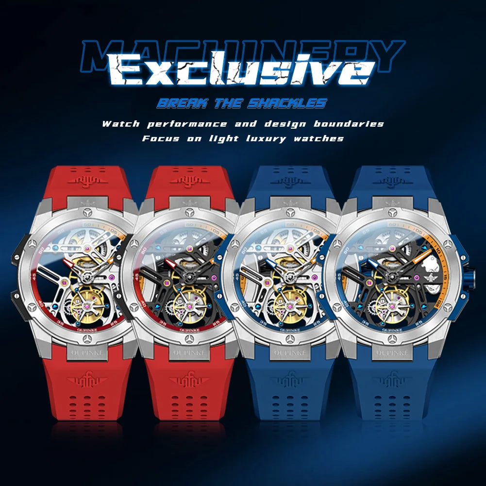OUPINKE Tourbillon Movement Top Brand Men's Watches Waterproof Silicon Tape Automatic Mechanical Watch Hollow Out Original Watch