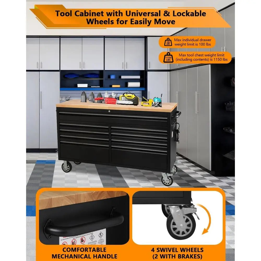 61 Rolling Tool Chest with 9 Drawers, Lockable Metal Cabinet for Workshops and Garages, Black