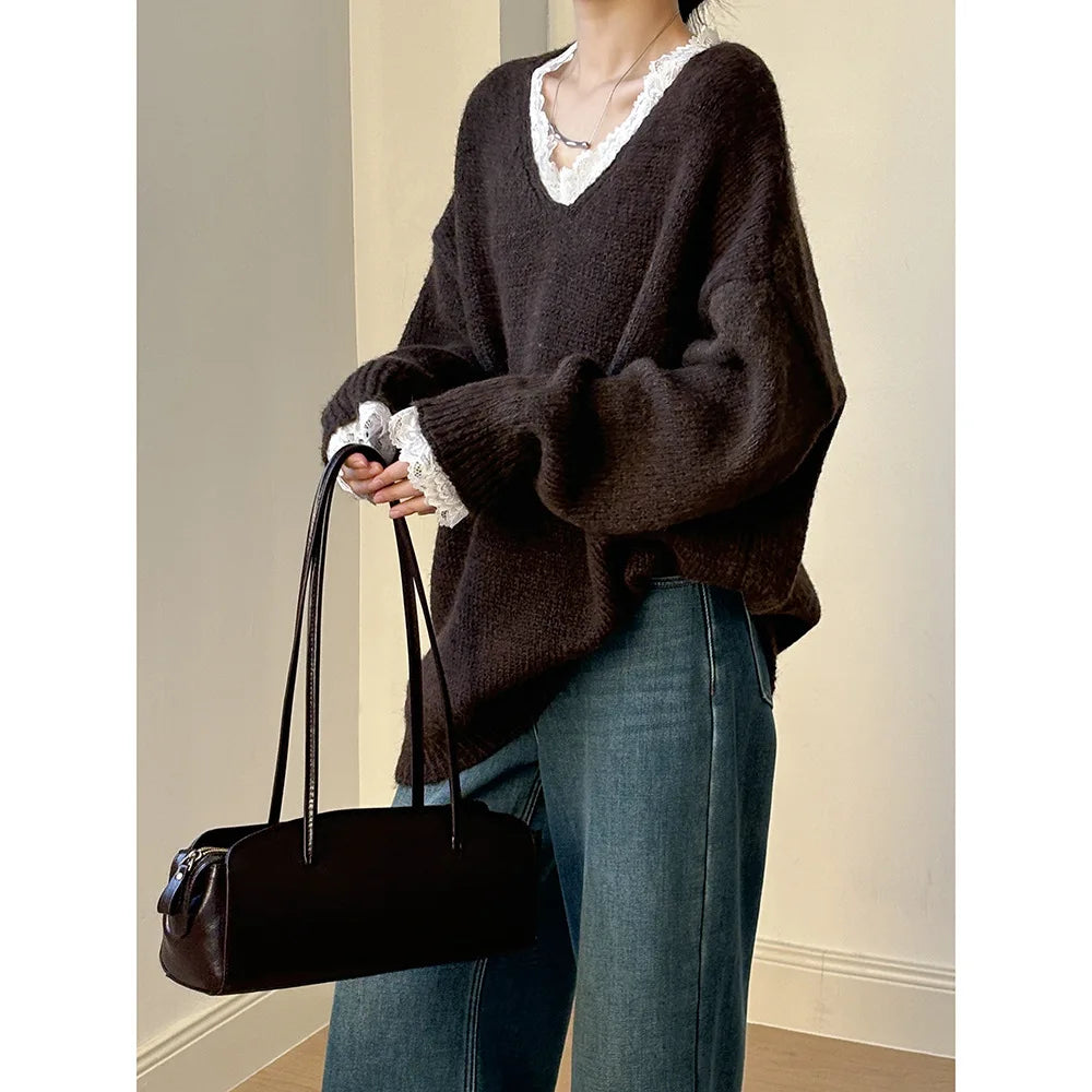 Lace Trim Warm Sweater For Women V Neck Long Sleeve Winter Loose Soft Top