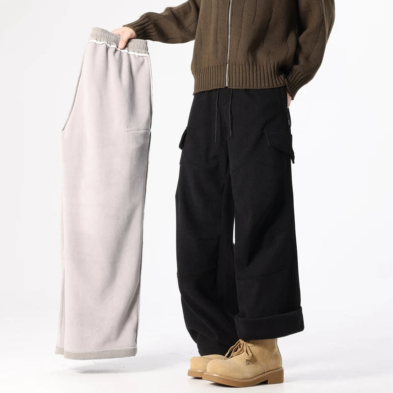 Men's Winter Cargo Pants Thickened Casual Straight Leg Trousers Solid Streetwear Comfortable Fabric Outdoor Unisex