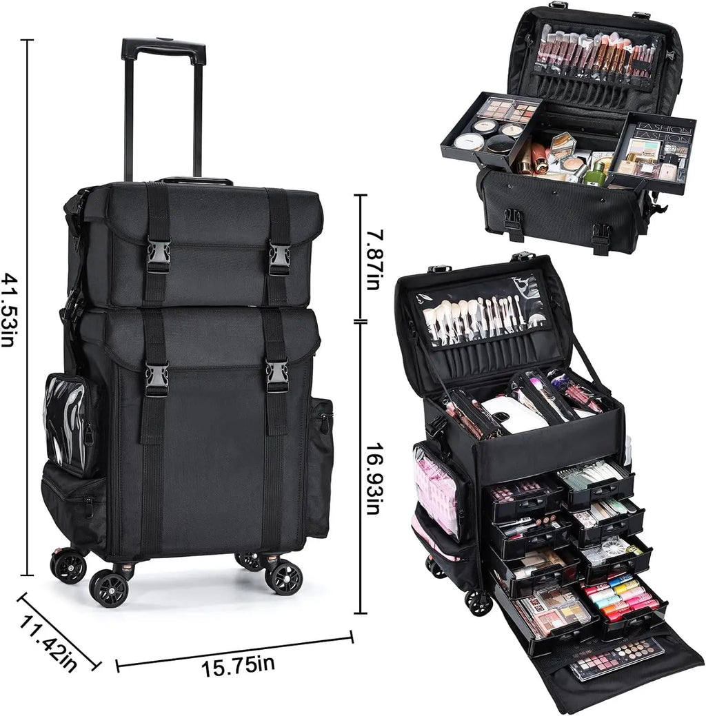 Professional Rolling Makeup Case Soft Sided Cosmetology Organizer Wheeled Nylon Train Case Portable Travel Supply Station