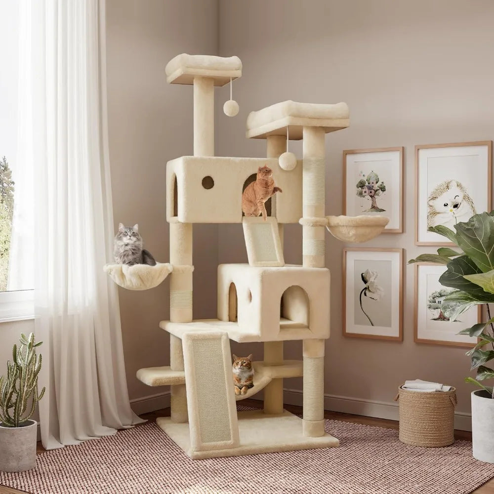 SHA CERLIN 65in Larger Cat Tree Tower Condo for Indoor Kitties/Multi-Level Furniture Activity Center with Wide Base/Cozy Plush C