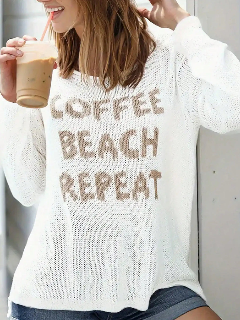 White Coffee Beach Repeat Letter Knit Sweater, Long Sleeve Side Slit Casual Pullover for Women