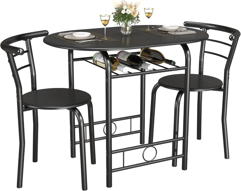 Wooden Round Table & Chair Set, Space Saving Kitchen Breakfast Nook Wood Grain Tabletop with Metal Frame