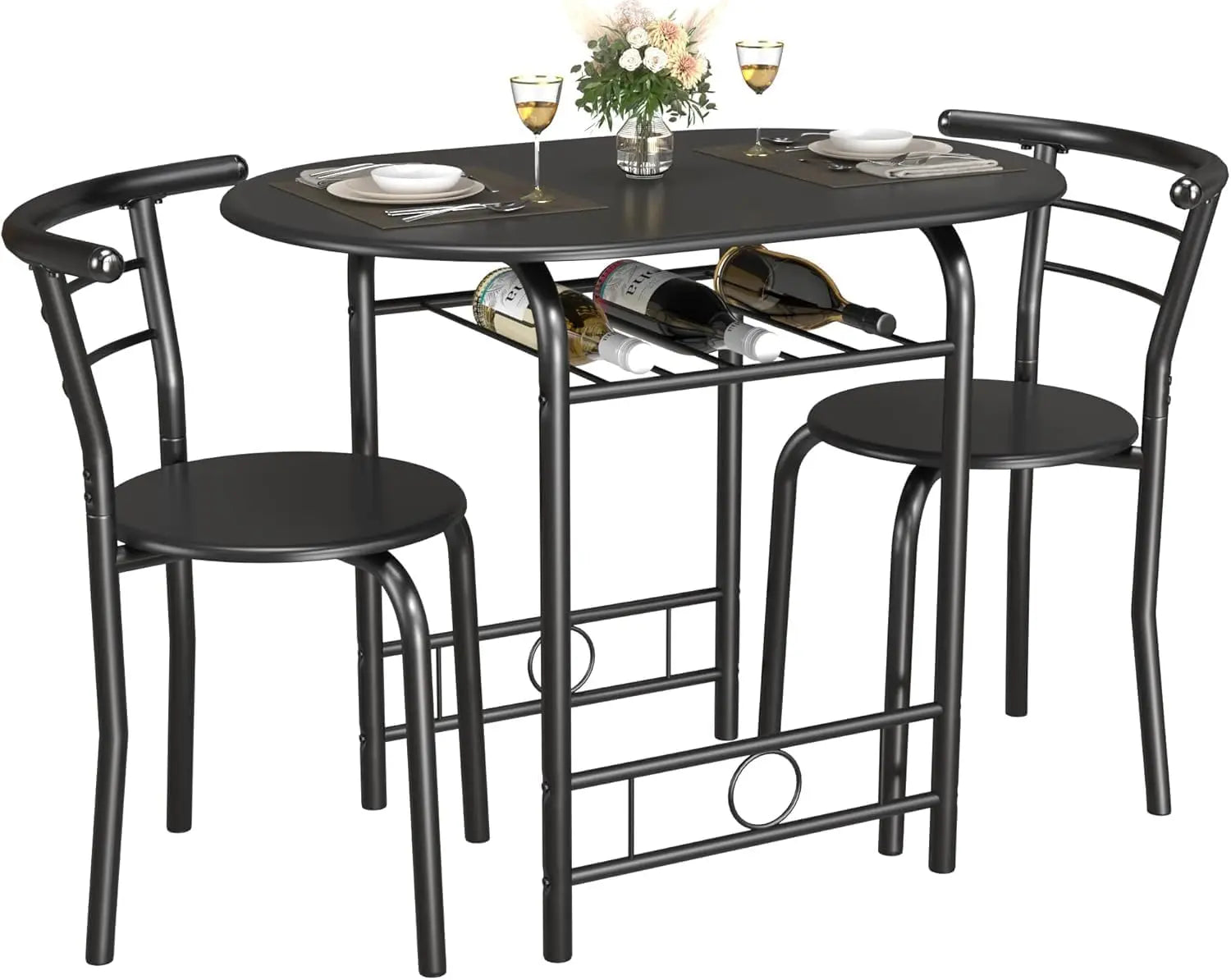 Wooden Round Table & Chair Set, Space Saving Kitchen Breakfast Nook Wood Grain Tabletop with Metal Frame