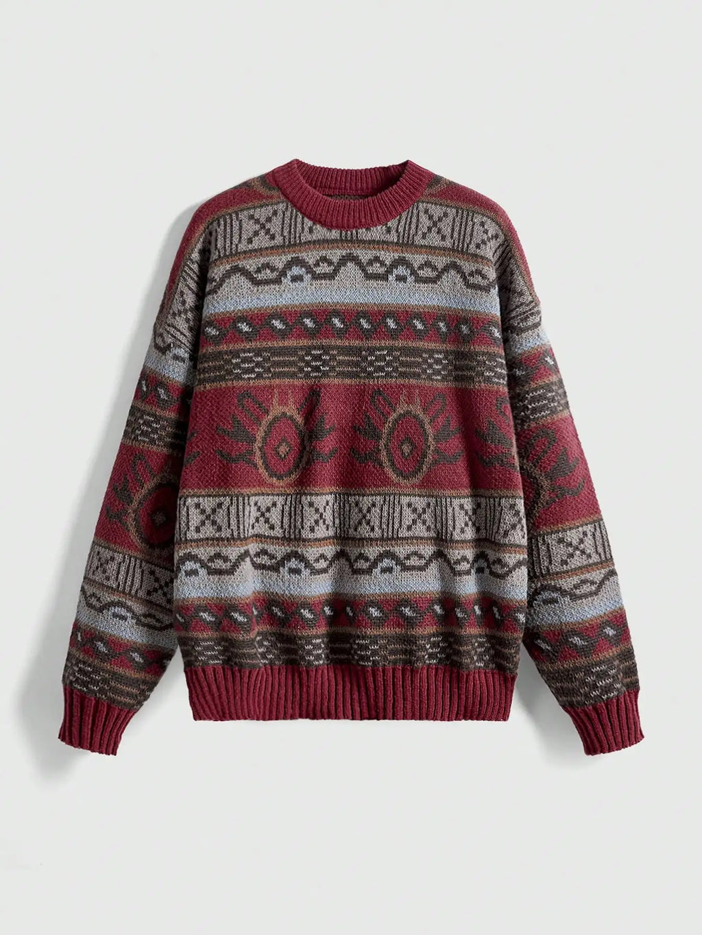 Boho Geo Pattern Drop Shoulder Knit Sweater for Women, Long Sleeve Fall Winter Top