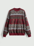 Boho Geo Pattern Drop Shoulder Knit Sweater for Women, Long Sleeve Fall Winter Top