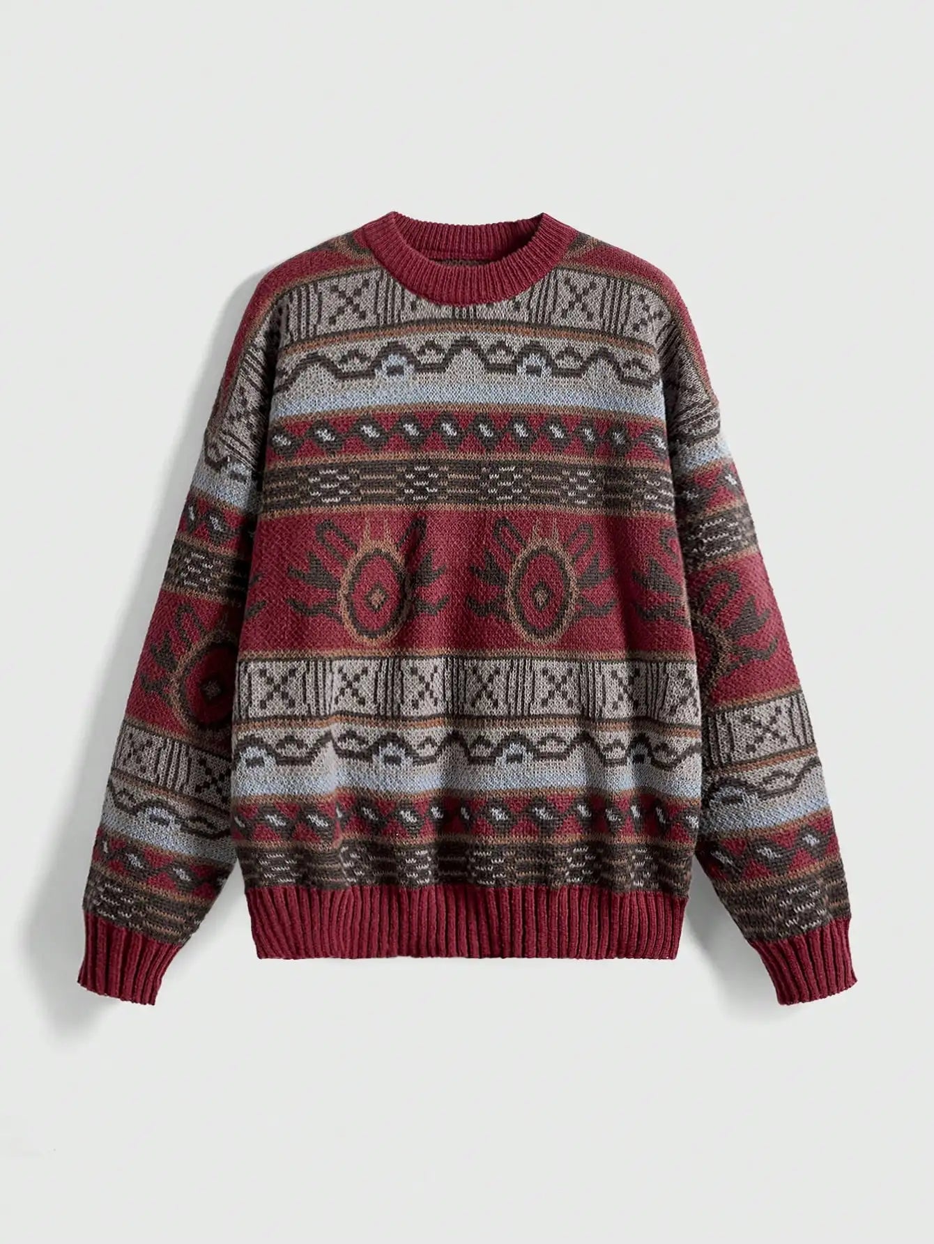 Boho Geo Pattern Drop Shoulder Knit Sweater for Women, Long Sleeve Fall Winter Top