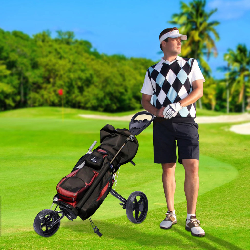 3-Wheel Foldable Golf Push Cart Foldable Golf Trolley Push Pull Cart Course Equipment Large Wheels & Foot Brake