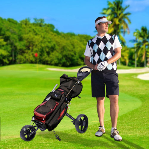 3-Wheel Foldable Golf Push Cart Foldable Golf Trolley Push Pull Cart Course Equipment Large Wheels & Foot Brake