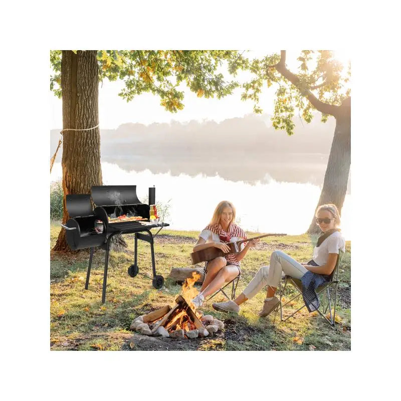 Charcoal Barrel Grill with Offset Smoker, All-Metal Outdoor BBQ with Side Table & Wheels for Garden, Patio, & Backyard