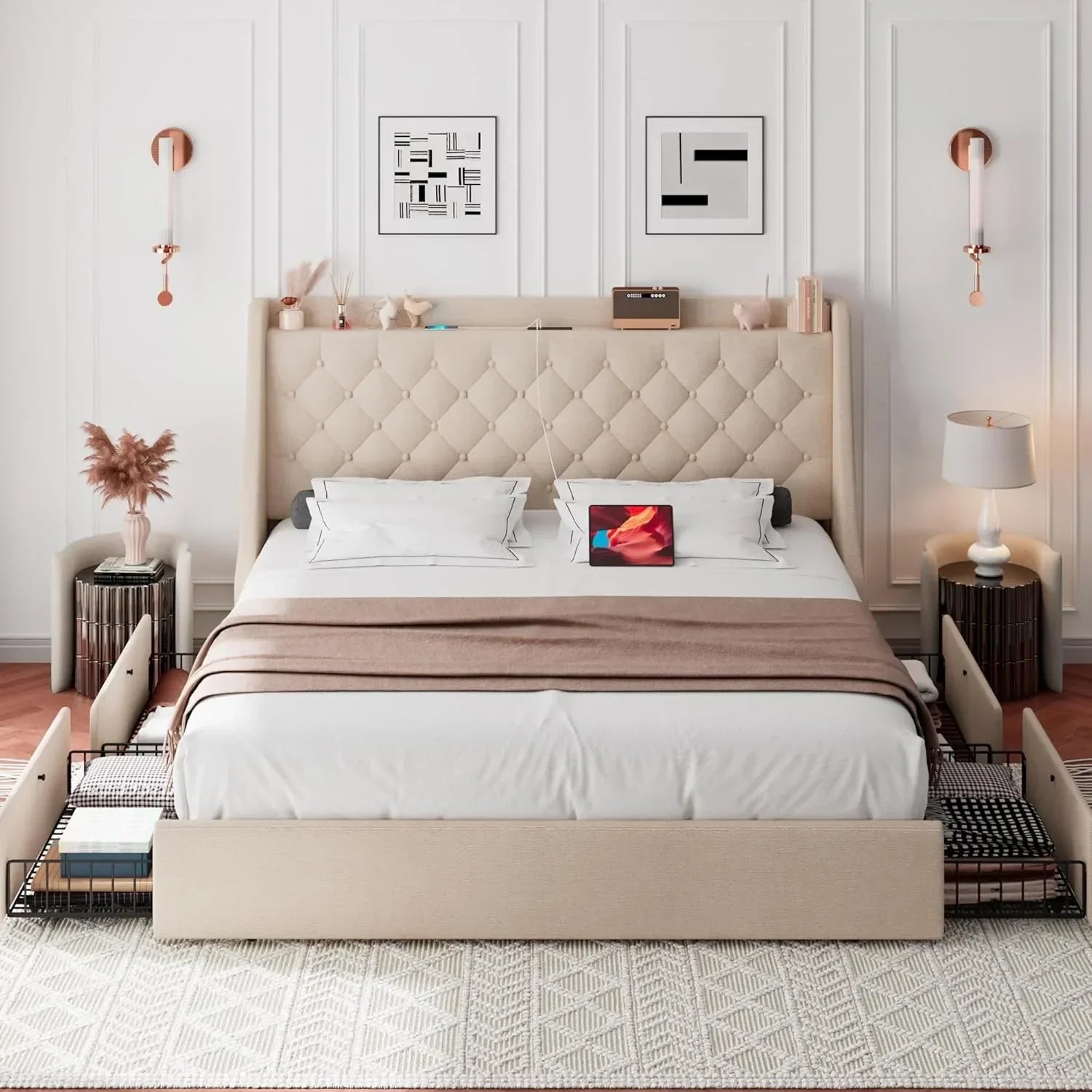Large bed frame with 4 storage drawers, mattress platform bed frame with Type-C and USB ports, no springs, beige color