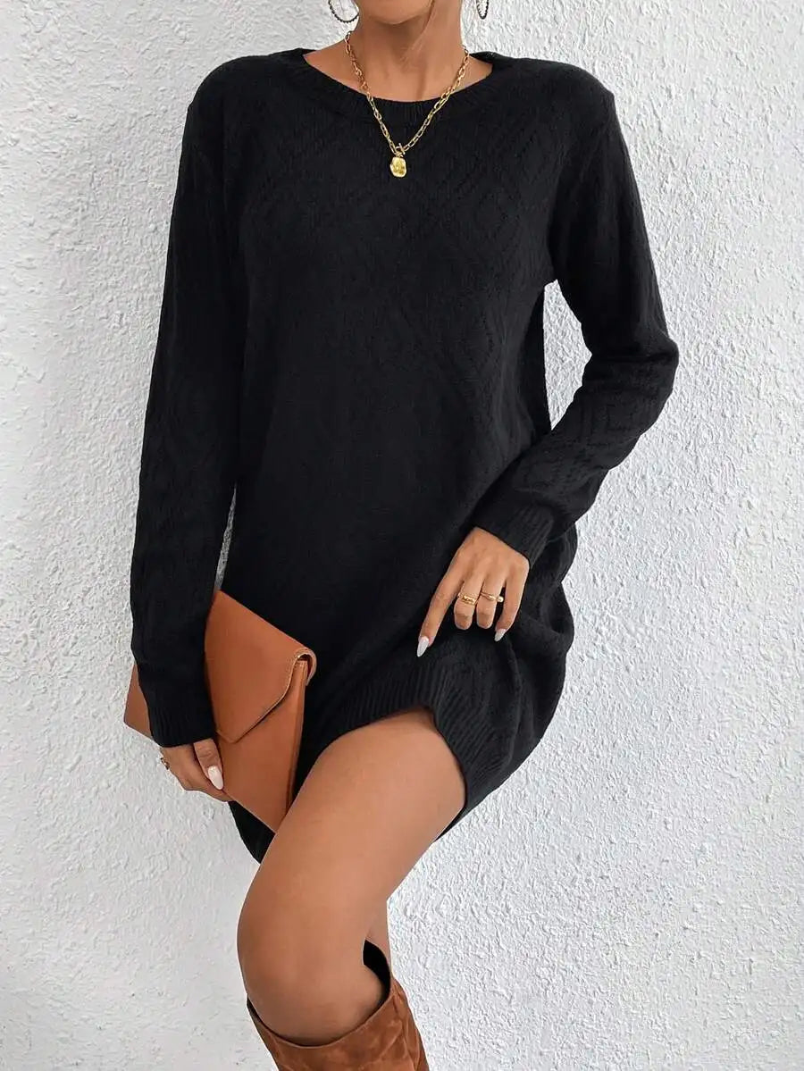 Rust Orange Knit Sweater Dress with Diamond Pattern, Long Sleeve Round Neck, Casual Autumn Winter Wear