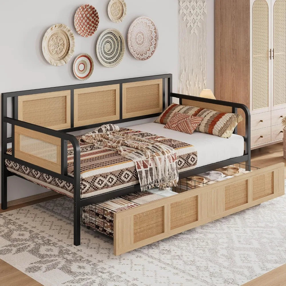 Twin Daybed, Day Bed Frame with Storage Drawers, Rattan Boho Corner Bed Frames with Strong Supports, Sofa DayBed for Living