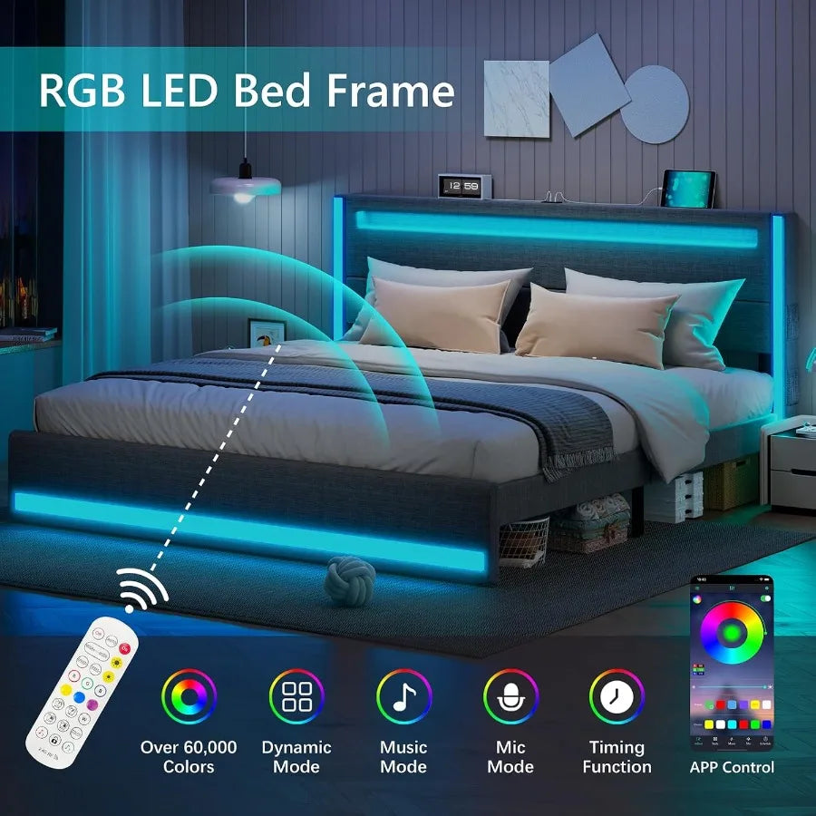 King Size Bed Frame and Adjustable Headboard Light up King Size Platform Bed Frame with TypeC USB Charging Station LED Upholste