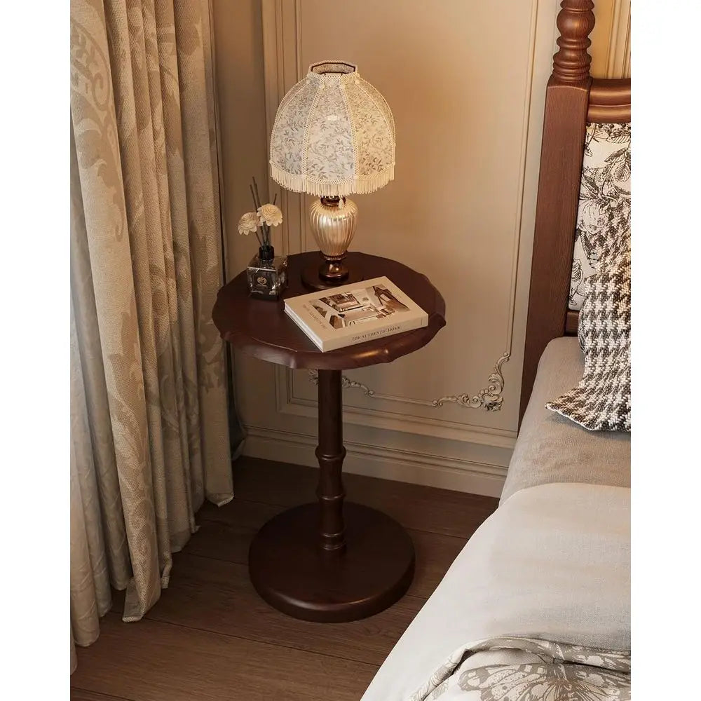 Solid Wood Accent Side Table, Pedestal End Table for Living Room, Small Bedside Table Nightstand for Bedroom, Coffee, Drink & Re