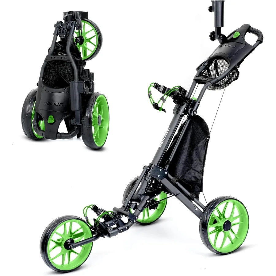 3 Wheel Golf Push Cart : Lightweight Compact Golf Walking Cart with Cooler Flat Fold Golf Trolley with Brake Pull Behind