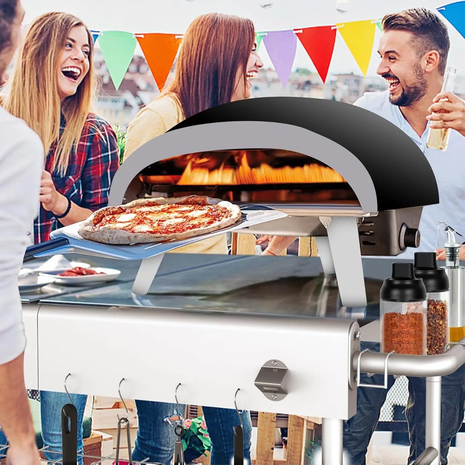 YOU_Pizza Oven Table Grill Cart with Pizza Topping Station Movable Food and Prep Workcart Outdoor Grill Table Stand for Ninja