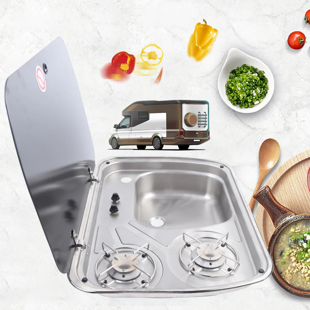 Boat Caravan Camper 2 Burner Gas Stove Hob and Sink Combo With Tempered Glass Lid Stainless Steel Hand Wash Basin RV Kitchen