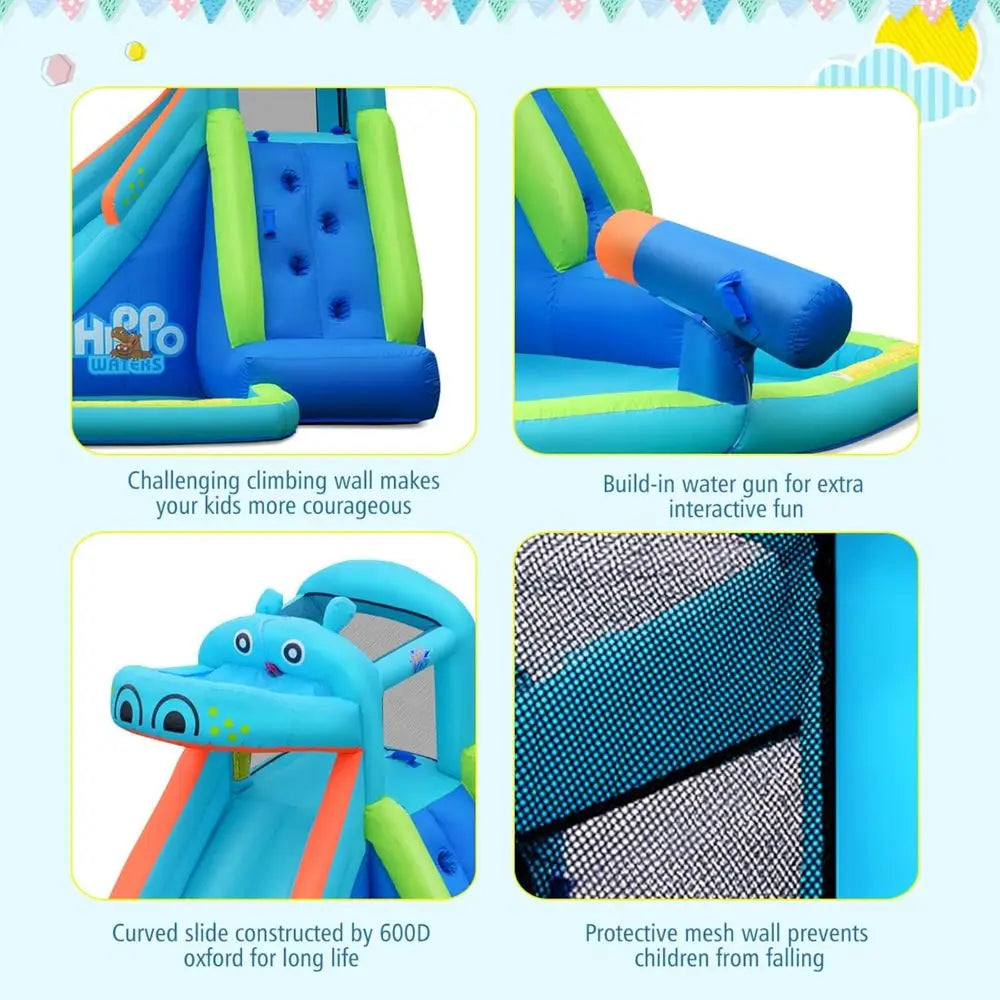 Hippo-Themed Inflatable Water Park with Slide, Climbing, Splash Pool for Kids' Outdoor Fun