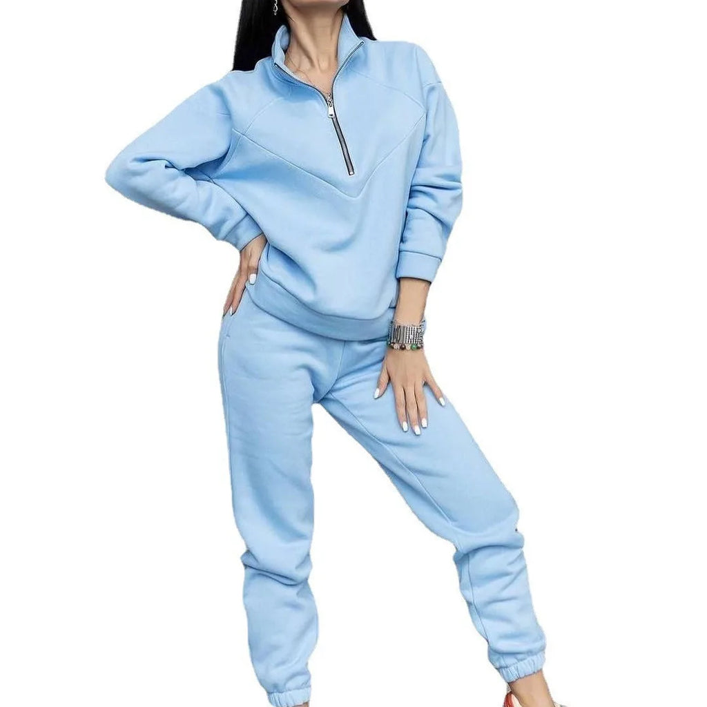Sports Suit Zippered Solid Color Long-sleeved Winter Pullover Sweatshirt Set With Leggings Trousers Sets Womens Two Piece Outfit