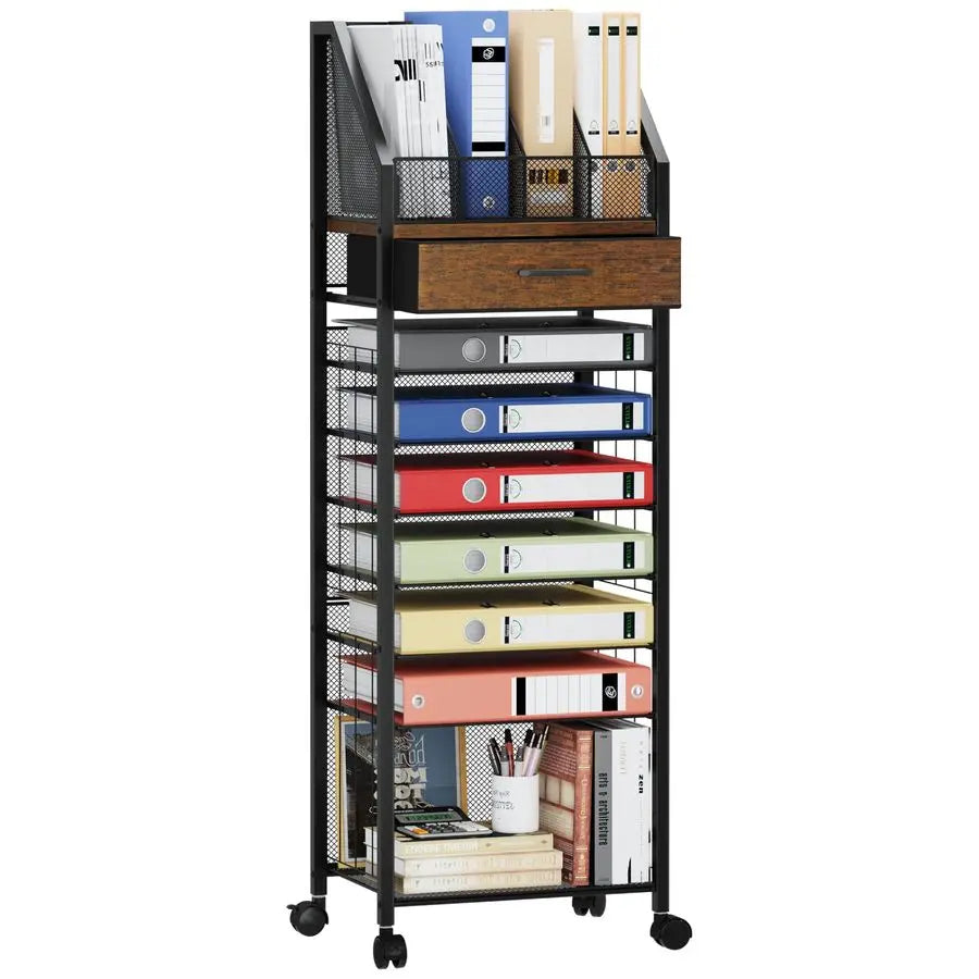 9Tier Rolling File Cart Paper Organizer with Drawer and Trays, Wood Desk Office Organizer, Office Organization and Binder Storag