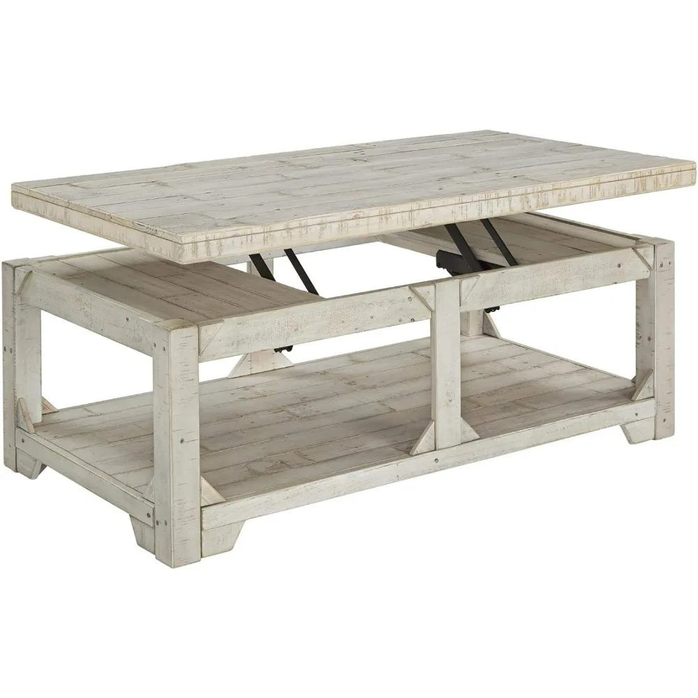 Farmhouse Style Rectangular Coffee Table with Lift Top and Floor Shelf, Whitewash Weathered Finish
