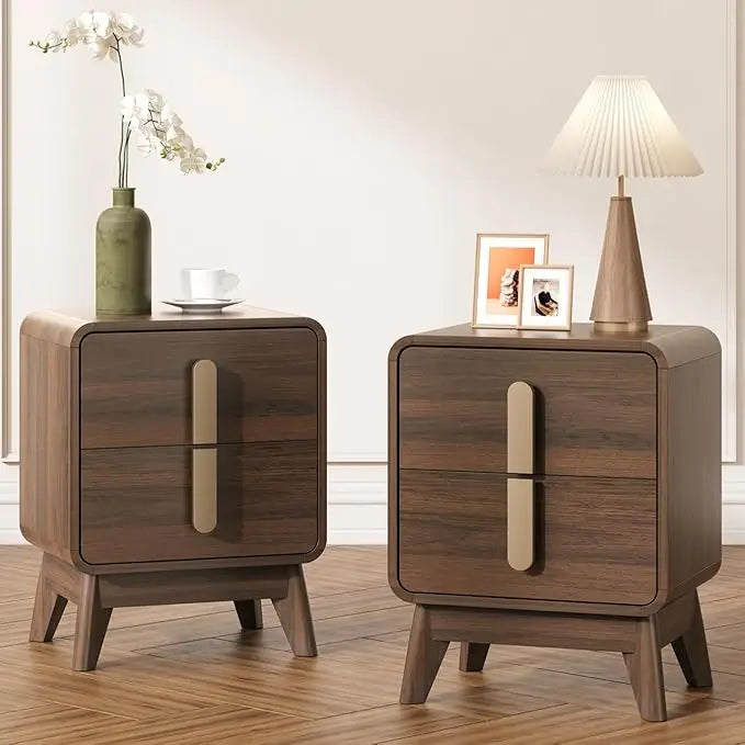 Pair of Mid-Century Modern Nightstands with Drawers, Metal Handles, and Curved Brown Profiles for Storage