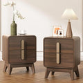 Pair of Mid-Century Modern Nightstands with Drawers, Metal Handles, and Curved Brown Profiles for Storage