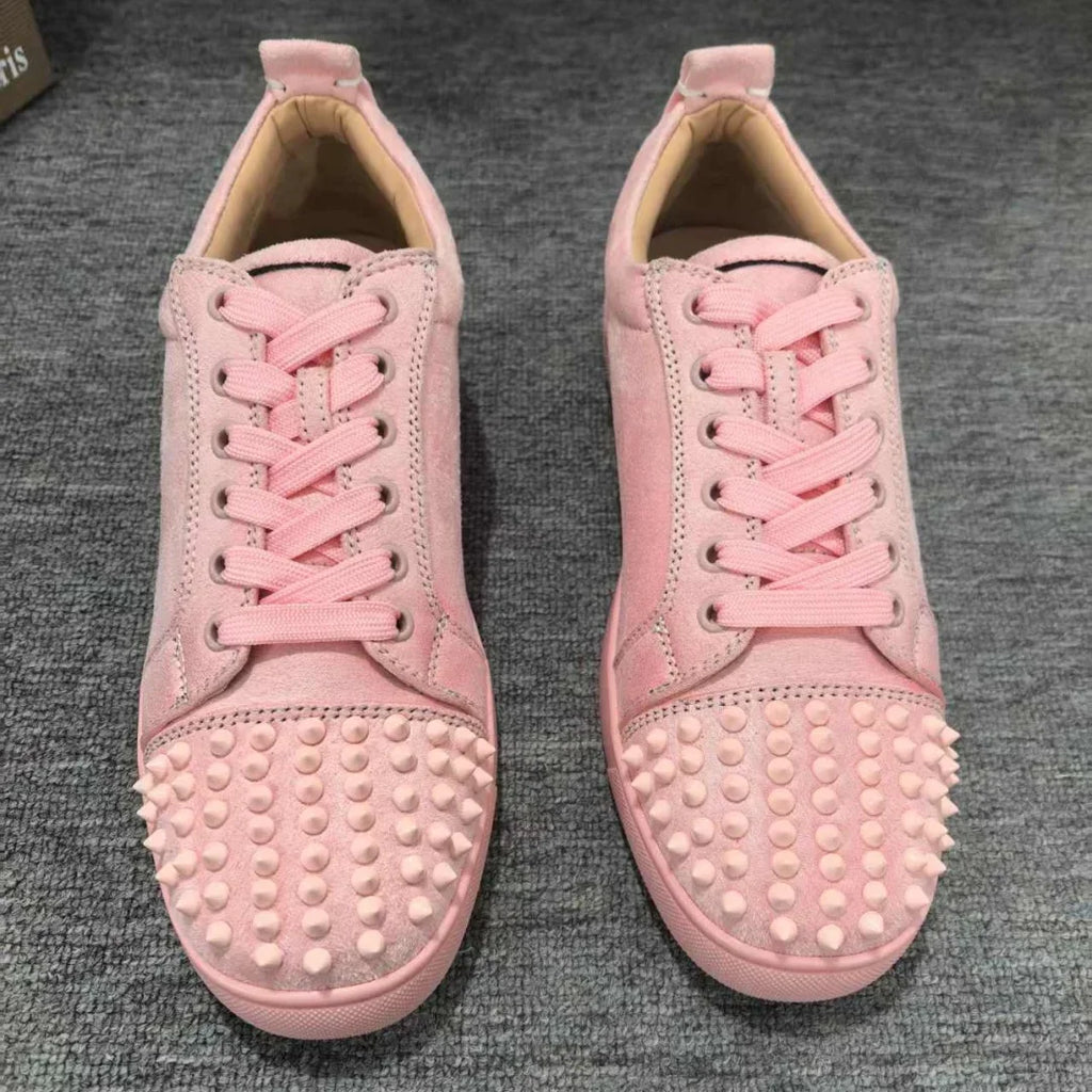Pink Flannel Suede Leather Women'S Sports Shoes Rivets Lace-Up Sneakers Female Flat Red Sole Fashion Designer Zapatillas Girls