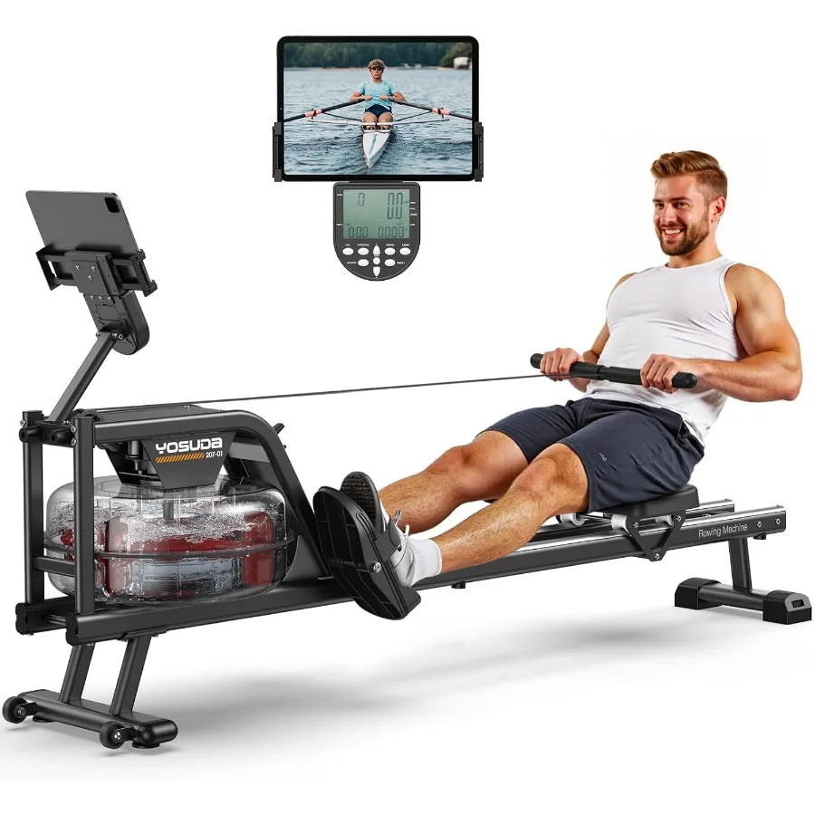 Magnetic Water Rowing Machine for Home Fitness Training with Bluetooth App Connectivity Ideal for Tall Power Athletes Featuring