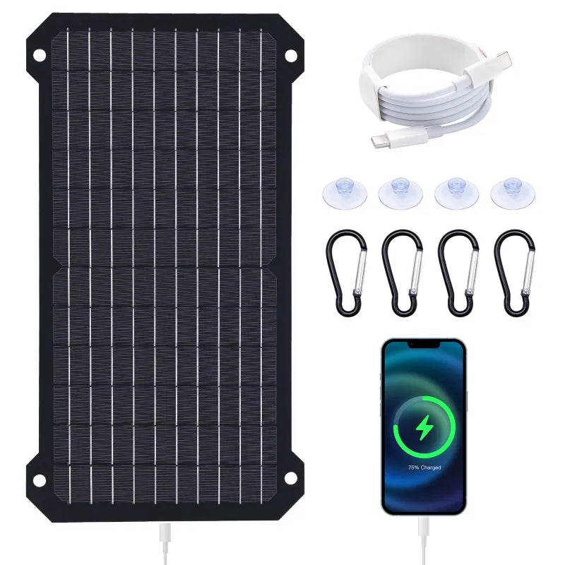 30W All Black Solar Panel Charger Voltage Current Display USB +Type C Interface Output High Efficiency Patent for Mobile Phone
