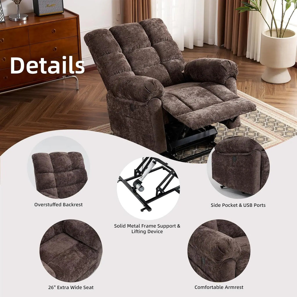 Oversized Lift Recliner Chair with Massage & Heat, 26' Wide, Chenille Electric Recliner with USB Port, Coffee