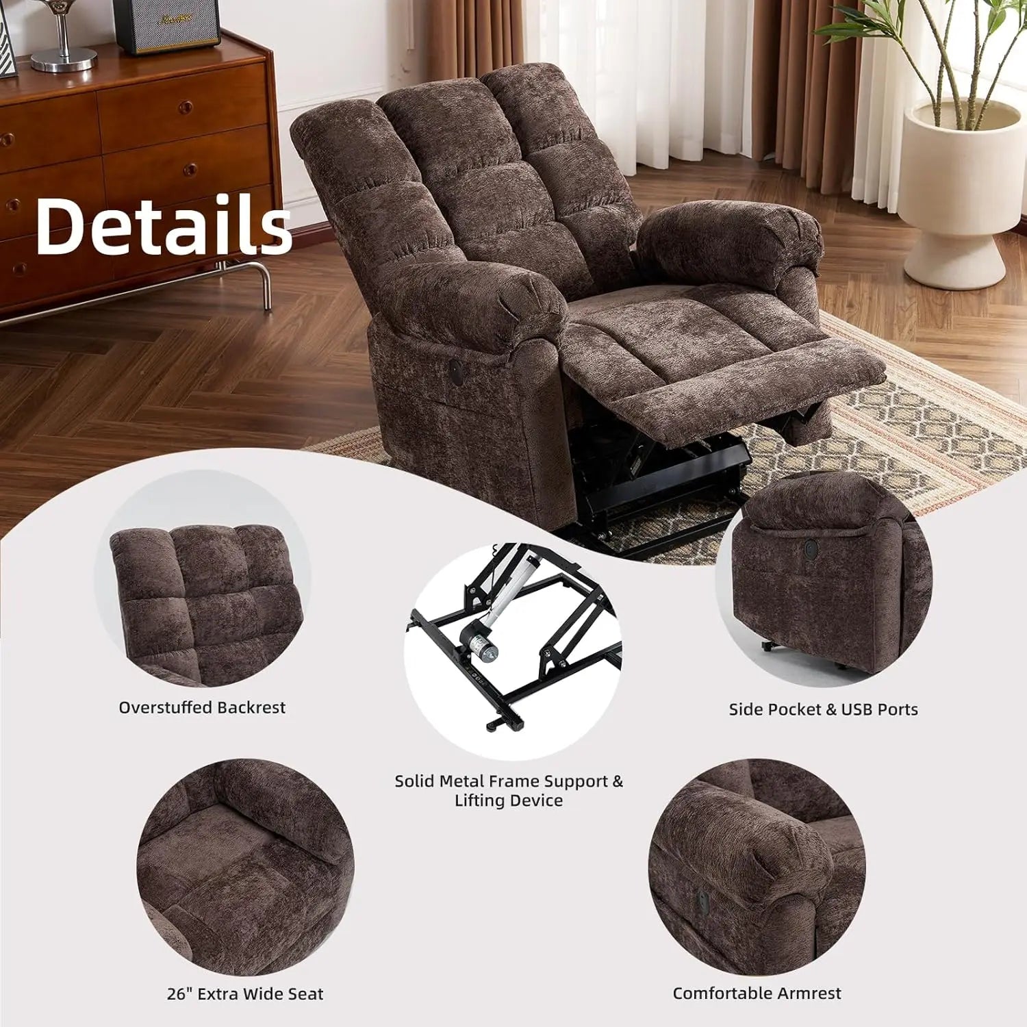 Oversized Lift Recliner Chair with Massage & Heat, 26' Wide, Chenille Electric Recliner with USB Port, Coffee