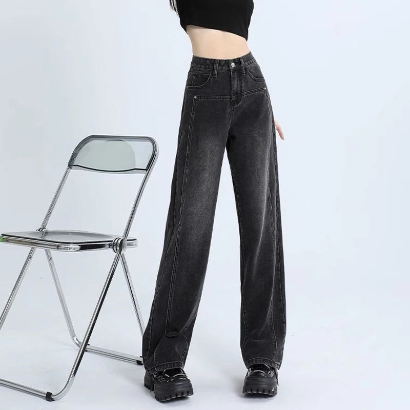 Woman New High Waist Vintage Thicken Jeans Female Casual High Street Thermal Flare Pants Girls Fashion Black Grey Denim Trousers