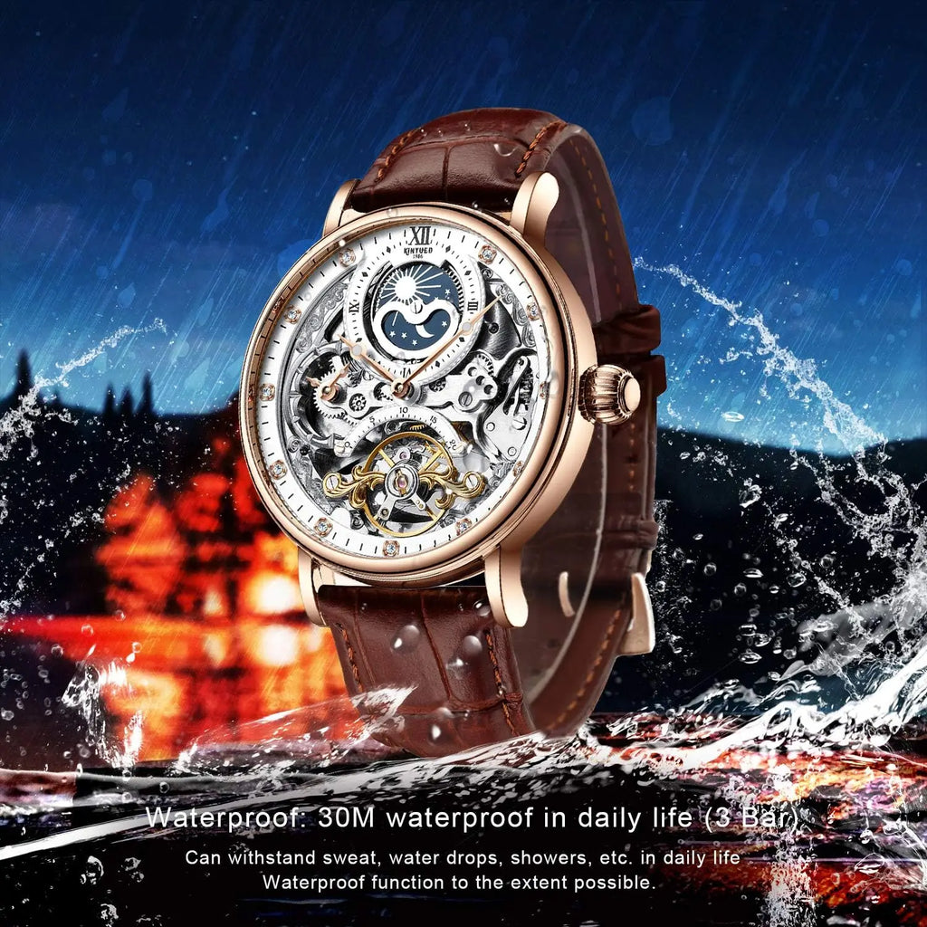Men's Luxury Skeleton Automatic Mechanical Watch with Leather Strap, Moon Phase, Luminous Hands