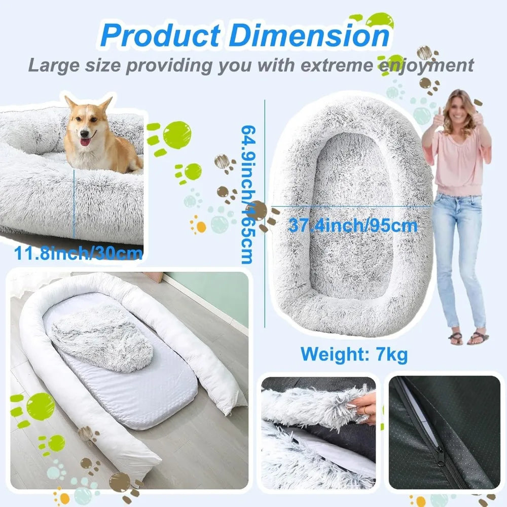 Giant Washable Faux Fur Dog Bed for Humans - Extra Large Nap Bed, Adult Oval Design, Comfortable Pet Bedding