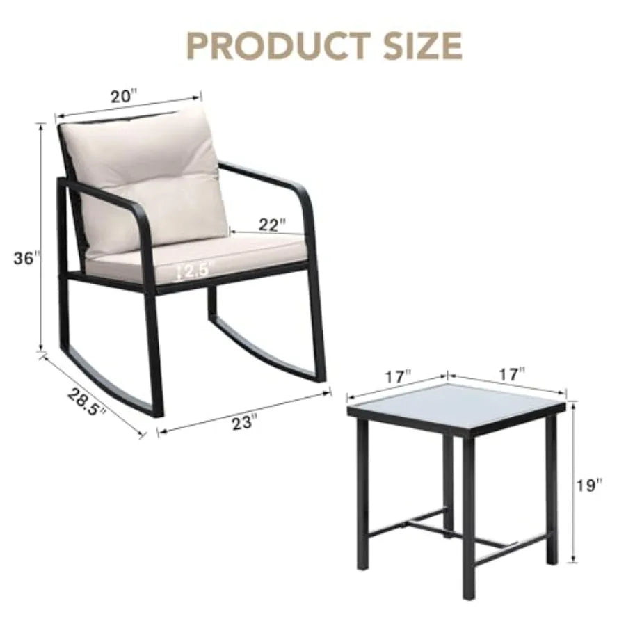 3 Piece Rocking Bistro Set Wicker Patio Outdoor Furniture Porch Chairs Conversation Sets with Glass Coffee Table in Beige