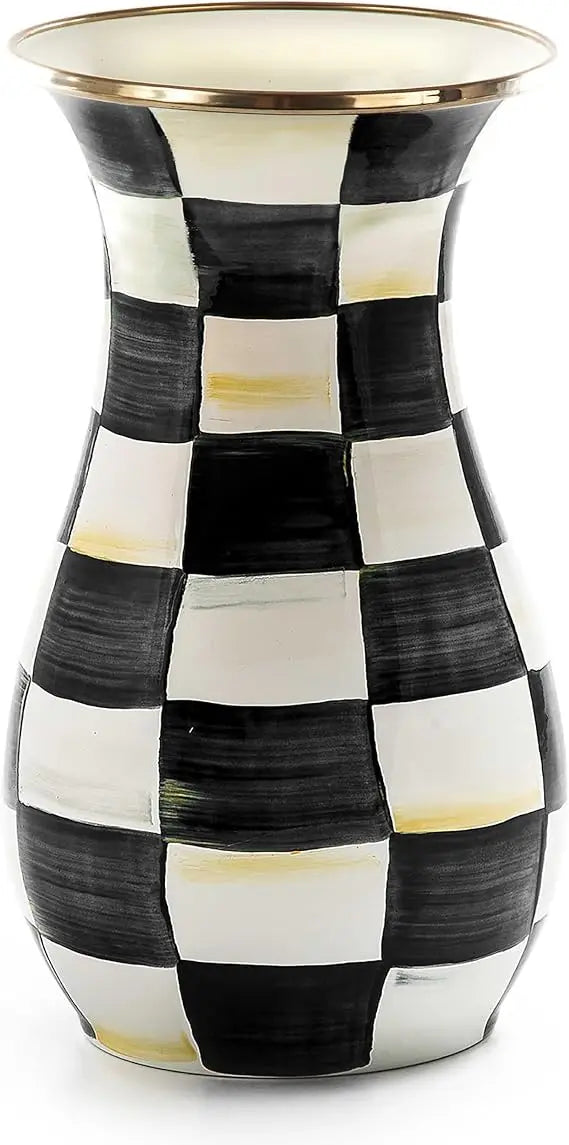 Elegant Tall Enamel Flower Vase, Living Room Decor, Gray & White Checkered Pattern