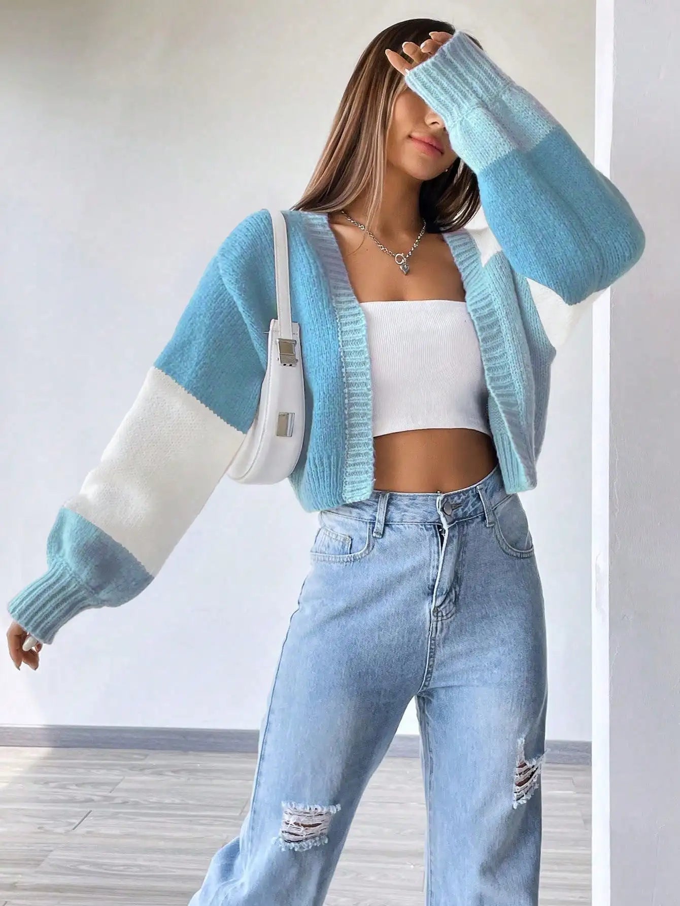 Color Block Drop Shoulder Knit Cardigan for Women, Long Sleeve Fall Winter Casual Top