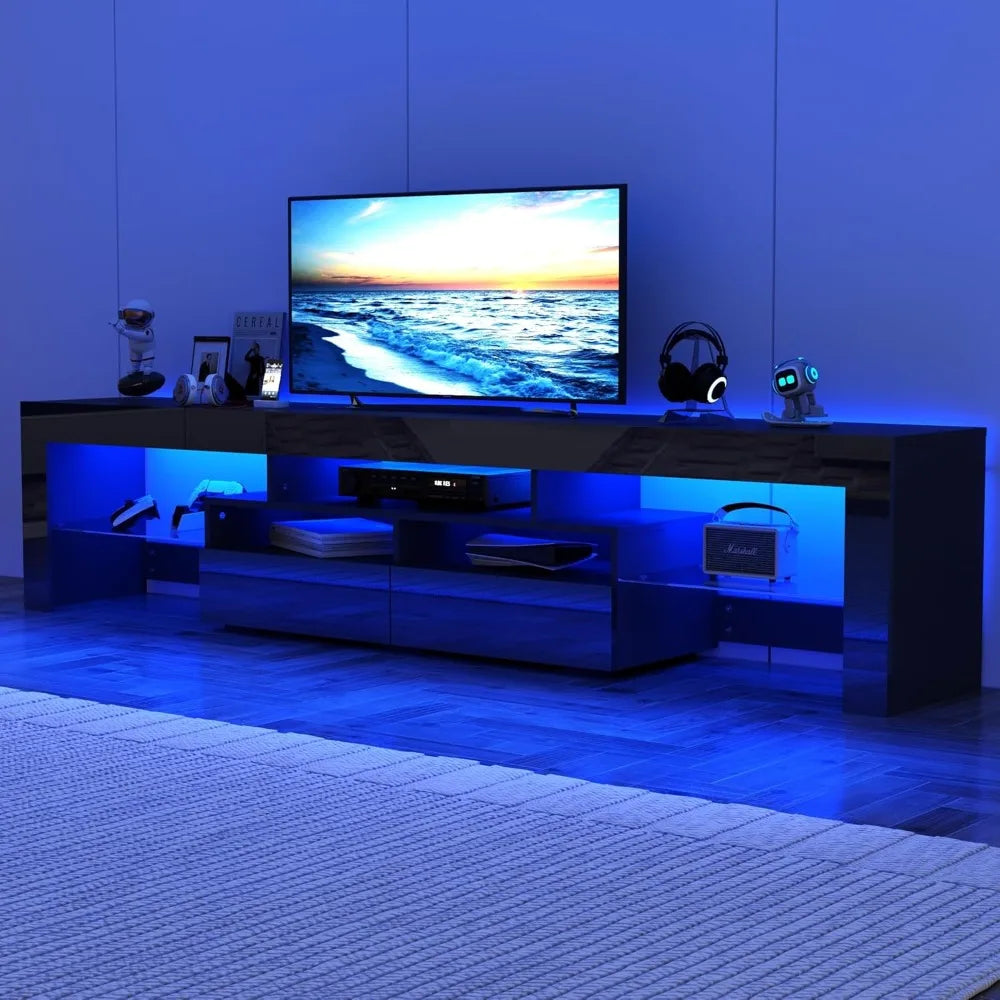 LED TV Stand for 90/100 inch TV, High Glossy Modern Entertainment Center with Drawer and Led Lights, Television Table