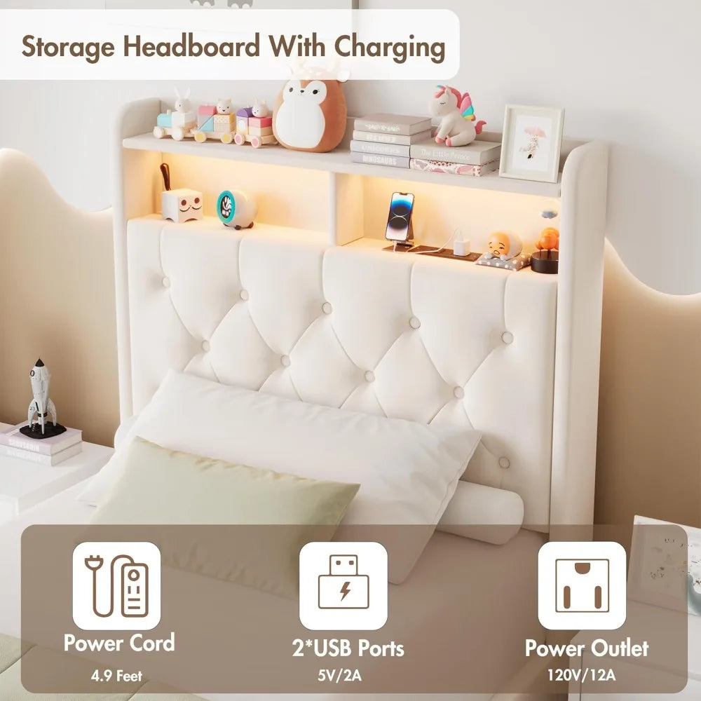 Twin LED Bed Frame with Storage Headboard & Charging Station, Velvet Fabric Platform Bed Frames with 3 Drawers, No Box Spring Ne