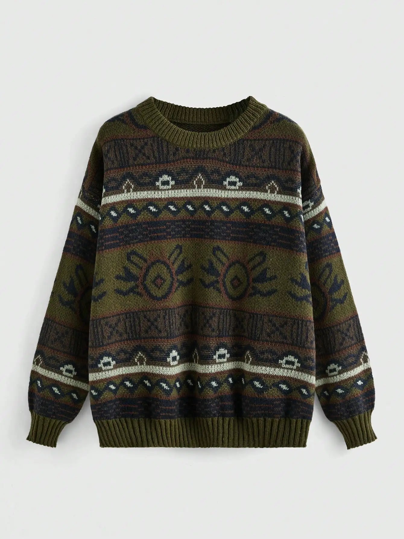 Boho Geo Pattern Drop Shoulder Knit Sweater for Women, Long Sleeve Fall Winter Top
