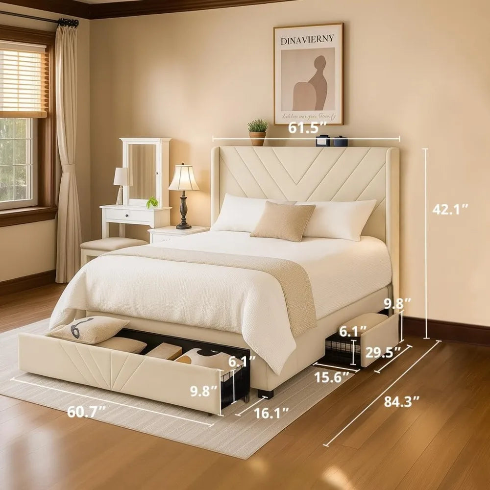 Modern Upholstered Platform Bed Frame with Queen Size, Headboard, USB & Type-C Charging Ports, and Storage Drawers