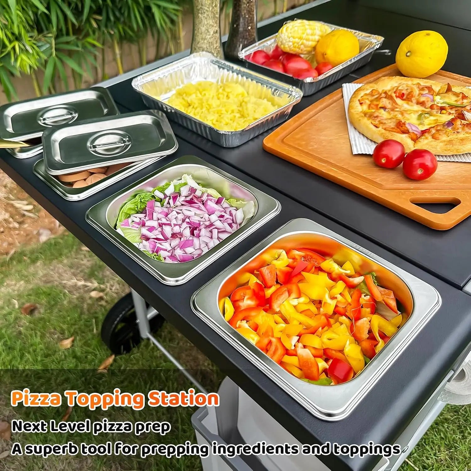 YOU_Pizza Oven Table Grill Cart with Pizza Topping Station Movable Food and Prep Workcart Outdoor Grill Table Stand for Ninja