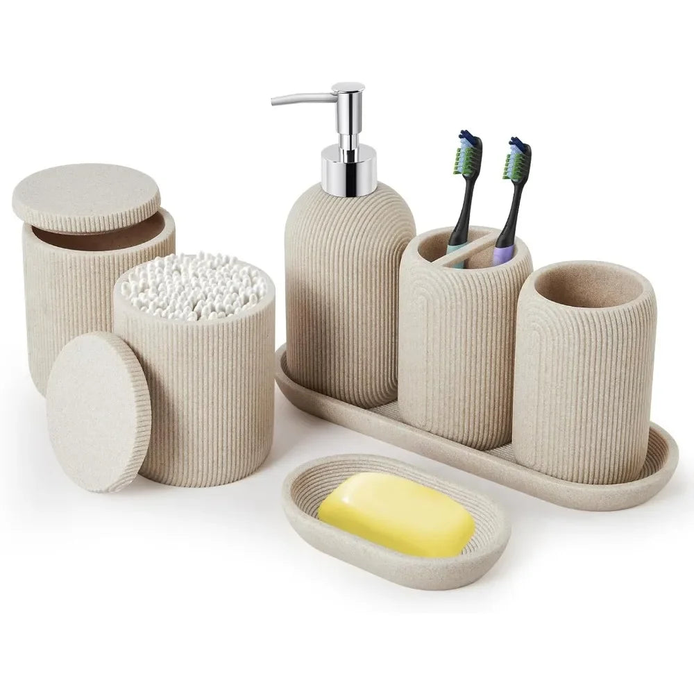 Bathroom Accessories Set - 7-Piece Resin Bathroom Set, Toothbrush Holders Set, Soap Dispenser, Qtip Holder Dispenser, Tumbler,