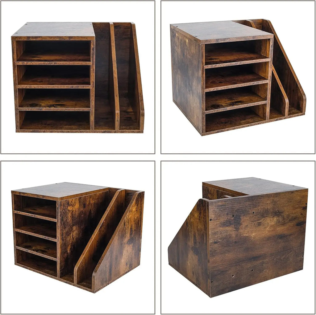 Wooden Desktop File Holder Organizer with Adjustable Compartments for Office Supplies, Brown