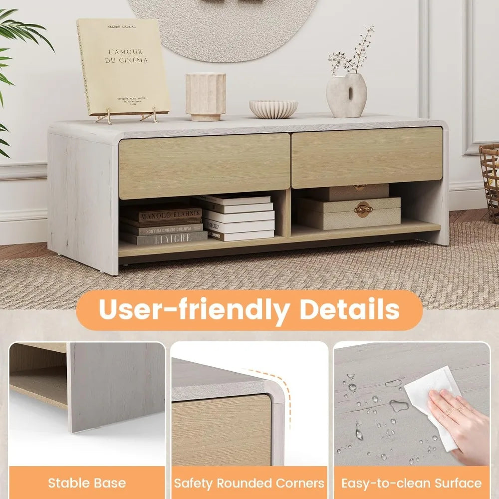 Coffee Table with Storage Drawers, 43 Inch Modern Cocktail Tea Table with 2 Compartments, Wooden Rectangular Center Table