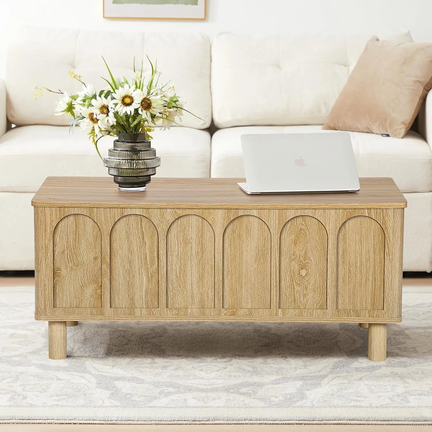 Lift Top Coffee Table with Arched Finish, Modern Coffee Table with Lifting Tabletop & Hidden Storage, Wood Center Tab，Customized