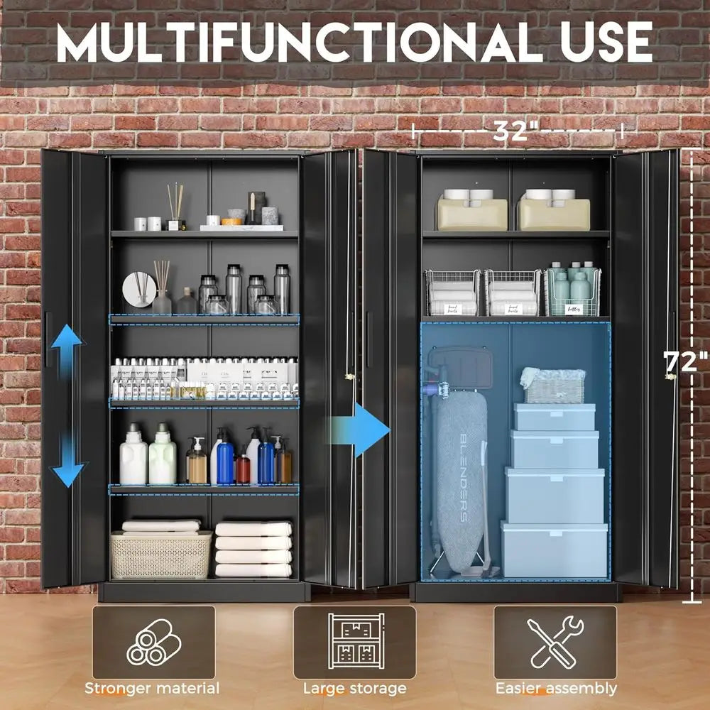 72 Tall Black Metal Lockable Storage Cabinet with Doors and Shelves for Garage, Home, or Office